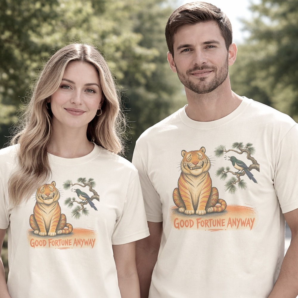 Good Fortune Anyway Grinning Tiger and Magpie Tee